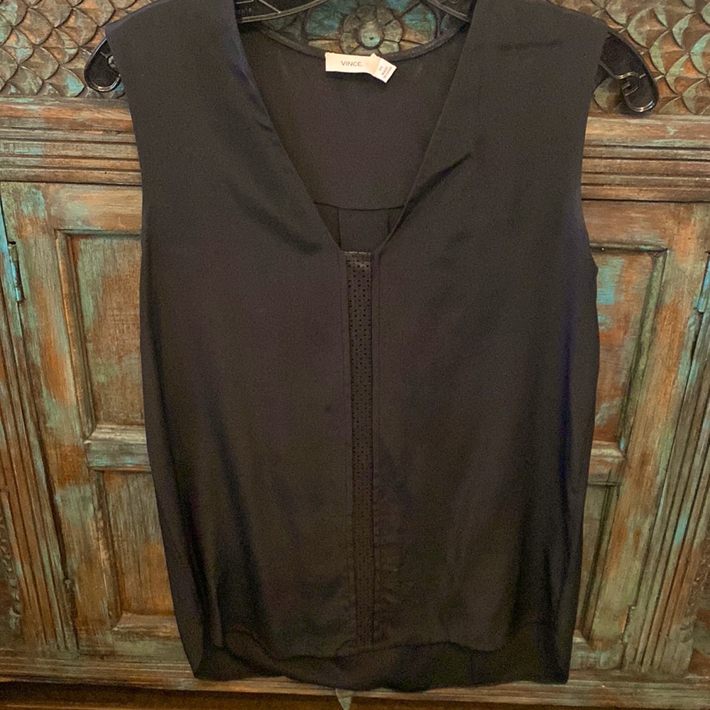 VINCE sleeveless top with faux leather insert detail. Size XS. Like new